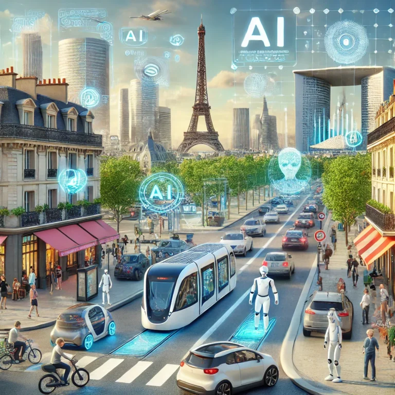 DALL·E 2024-09-24 11.33.54 - A modern scene showcasing the integration of AI in France. In the background, iconic French landmarks like the Eiffel Tower and the La Défense busines