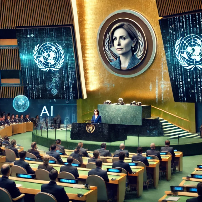 DALL·E 2024-09-24 11.37.03 - A scene showing Italian Prime Minister Giorgia Meloni delivering a speech at the United Nations General Assembly. The backdrop features the iconic UN
