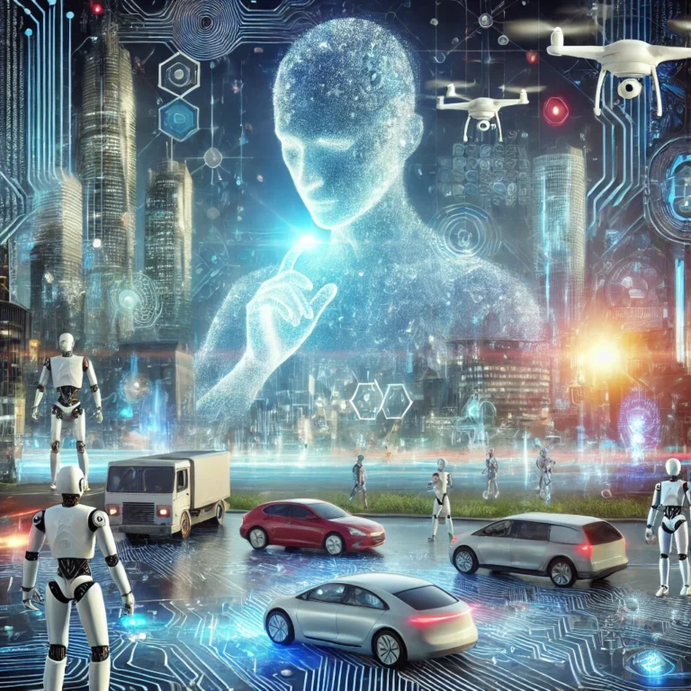 DALL·E 2024-09-24 11.38.56 - A futuristic scene depicting the rise of Artificial Intelligence in revolutionizing the future. In the center, a glowing, humanoid AI figure interacts